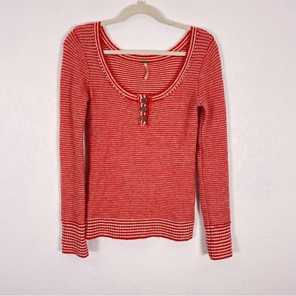 Free People Orange & White Striped Scoop Neck Wool Blend Sweater Size Small